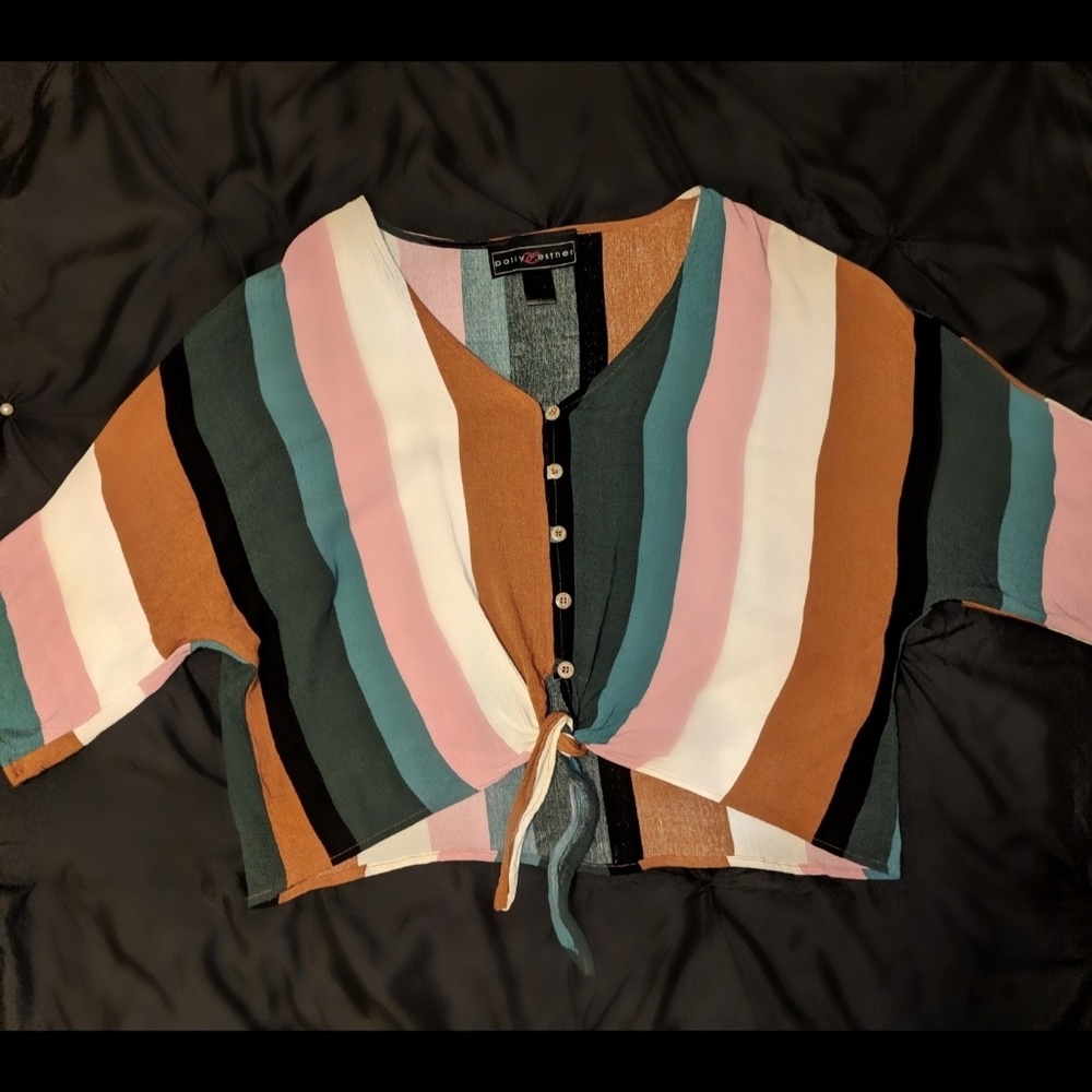 Polly and Esther Kimono Striped Tie Front Top